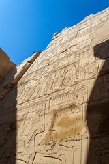 KARNAK TEMPLE - Massive columns inside beautiful Egyptian landmark with hieroglyphics, and ancient...