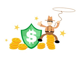 cowboy america and dollar shield business money protection cartoon doodle flat design style vector illustration