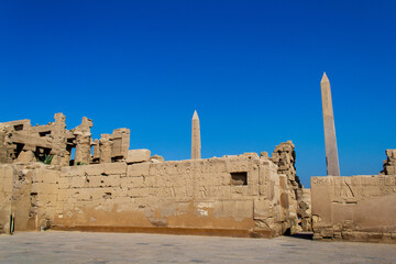 KARNAK TEMPLE - Massive columns inside beautiful Egyptian landmark with hieroglyphics, and ancient...