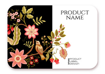 Template for product label, cosmetic packaging. Easy to edit. Vector illustration. in jacobean embroidery style, fantasy floral pattern.