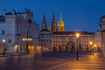 Evening view of Prague Castle from the empty Hradčany Square