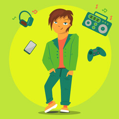 Teenager.Portrait of a boy surrounded by gadgets.Colorful illustrationернета