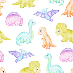 watercolor baby dinosaur seamless pattern on white background. Cute dino texture for fabric, textile, wrapping © dreamloud