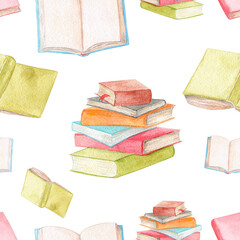 Watercolor books seamless pattern on white background. Science print for fabric, wrapping, scrapbooking, wallpaper