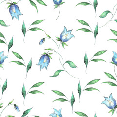 Delicate elegant seamless floral pattern. Blue bluebells with green leaves on a white background. It can be used to create fabrics, wallpaper, and packaging. Drawing by hand with colored pencils.