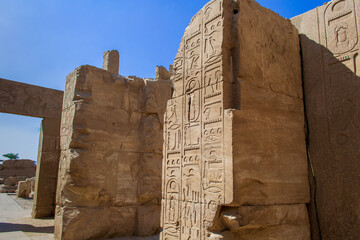 KARNAK TEMPLE - Massive columns inside beautiful Egyptian landmark with hieroglyphics, and ancient...