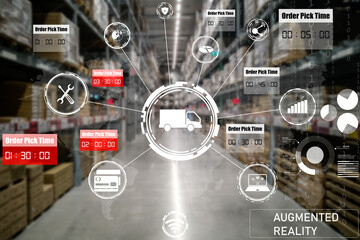 Smart warehouse management system using augmented reality technology to identify package picking and delivery . Future concept of supply chain and logistic business .