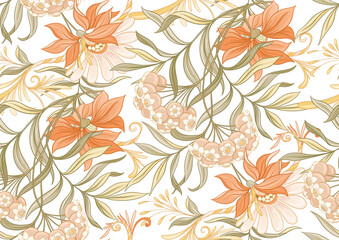 Seamless pattern, background with decorative flowers in art nouveau style, vintage, old, retro style. Vector illustration.