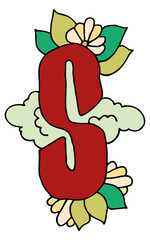 Letter S with foliage and flowers. Hand drawing in colored Doodle style. Vector logo template. Vector illustration. Vector EPS 10