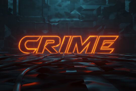 3D rendering of Cyberpunk word crime illuminated in orange in metal background. Artificially illuminated presentation words with blue light