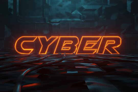 3D rendering of Cyberpunk word cyber illuminated in orange in metal background. Artificially illuminated presentation words with blue light