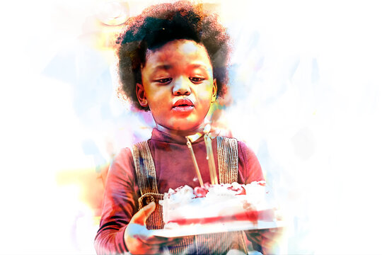 Digital painting and drawing of Africa American children hold on celebrating her birthday cake and blow candles on cake in Kids birthday celebratiion party.