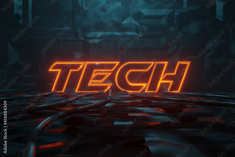 Sticker 3d rendering of cyberpunk word tech illuminated in orange in metal background. artificially illumina