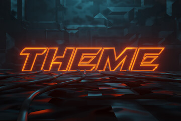 3D rendering of Cyberpunk word theme illuminated in orange in metal background. Artificially illuminated presentation words with blue light