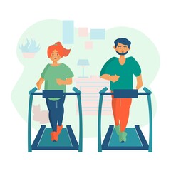 Smart man and woman on treadmill Workout at home Cartoon illustration