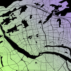 Fuzhou, Fujian, China (CHN) - Urban vector city map with parks, rail and roads, highways, minimalist town plan design poster, city center, downtown, transit network, gradient blueprint © Ilya