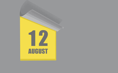 august 12. 12-th day of the month, calendar date. Gray numbers in a yellow window, on a solid isolated background. Summer month, day of the year concept