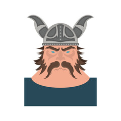 Cartoon cute face viking in doodle style vector illustration. Viking in long helmet with horns isolated on white background.