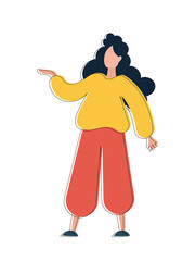Girl in line art style is pointing or holding something. For presentations, applications or banners. Isolated. Vector.