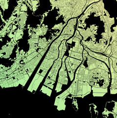 Hiroshima, Japan (JPN) - Urban vector city map with parks, rail and roads, highways, minimalist town plan design poster, city center, downtown, transit network, gradient blueprint