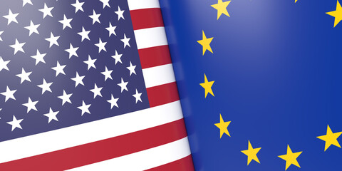 Fototapeta premium International communications for politics, military, economy and trade in 3D rendering concept: Dual composition of the USA, American, and European Uniuon flag as background with copy space