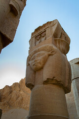 View of the rocky temple of Hatshepsut. Location of old city Luxor, complex Deir el-Bahari, Egypt, Africa. Popular touristic place. Ancient Egyptian civilization. Discover the beauty of earth.