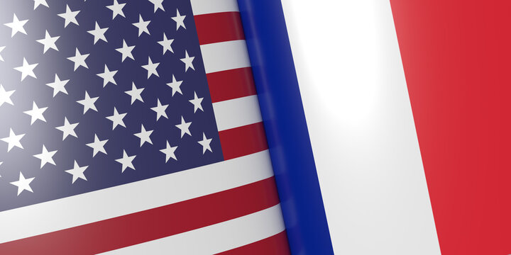 International communications for politics, military, economy and trade in 3D rendering concept: Dual composition of the USA, American, and French flag as background with copy space