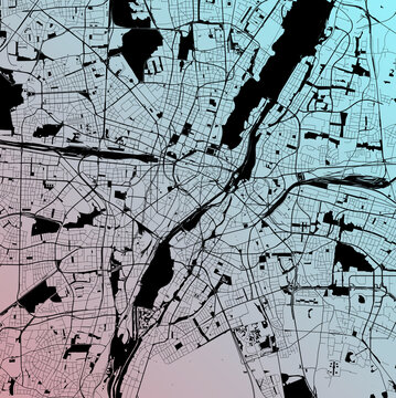 Munich, Bayern, Germany (DEU) - Urban vector city map with parks, rail and roads, highways, minimalist town plan design poster, city center, downtown, transit network, gradient blueprint