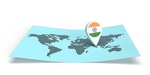 A 3D rendered country map locator pointing on a global destination on a flat world map. The symbol carries the Indian flag. The illustration is isolated on white background with shadow copy space