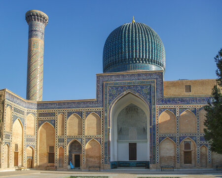Landscape view of landmark monument Gur e Amir, mausoleum of Amir Timur or Tamerlane in UNESCO listed Samarkand, Uzbekistan