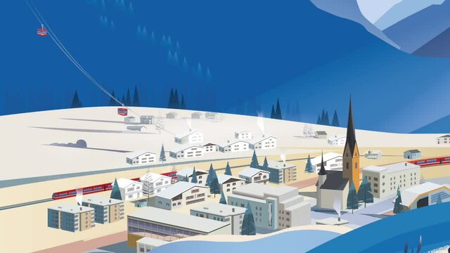 Winter landscape in an Alpine village. The train arrives at the railway station. Animated  vector graphics.