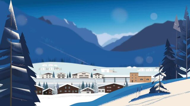 Winter landscape in an Alpine village. The train arrives at the railway station. Animated  vector graphics.