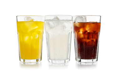 Delicious refreshing drinks in glasses on white background