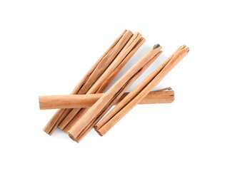 Aromatic cinnamon sticks on white background, top view