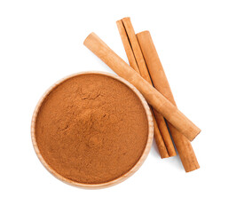 Aromatic cinnamon sticks and bowl with powder on white background, top view