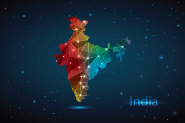 Obraz na płótnie Canvas Abstract Polygon Map of India. Vector Illustration Low Poly Color Rainbow on Dark Background.