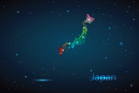 Abstract Polygon Map of Japan. Vector Illustration Low Poly Color Rainbow on Dark Background.
