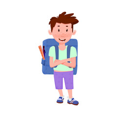 A cute boy with a backpack and crossed arms is angry.