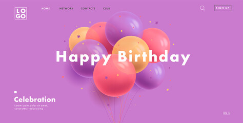 Happy birthday website banner for home page with 3d round shaped balloons illustration on purple background