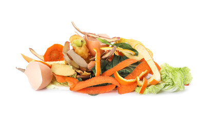 Pile of organic waste for composting on white background