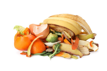 Pile of organic waste for composting on white background