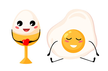 Kawaii breakfast. boiled egg on a stand, fried egg isolated on white background. Vector illustration.