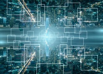 Technology Internet of thing over the Panorama of Bangkok cityscape at night time, Business Architecture and building with tourist, Technology smart city and internet of thing concept,