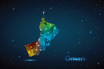 Abstract Polygon Map of Oman. Vector Illustration Low Poly Color Rainbow on Dark Background.