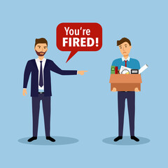 Businessman leaving job vector illustration. Fired office worker in flat design. Employee firing concept. Boss said you’re fired while company staff holding stuff with sad face.