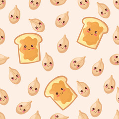 Obraz premium Seamless vector pattern with kawaii food. Cartoon peanuts and peanut butter toast on light background. Doodle cute characters illustration for print, card. Breakfast children menu, fresh bread, bakery