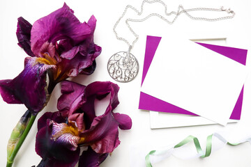 postcard layout. spring flowers. iris flowers on white background 