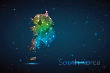 Abstract Polygon Map of South Korea. Vector Illustration Low Poly Color Rainbow on Dark Background.
