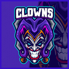 Clown mascot esport logo design illustrations vector template, Smile Clown logo for team game streamer youtuber banner twitch discord