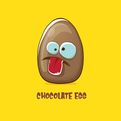 Cartoon chocolate easter egg cartoon characters isolated on yellow background. My name is egg vector concept illustration. funky sweet chocolate easter egg character with eyes and mouth